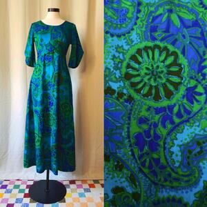 VTG 70s Barkcloth Groovy Psychedelic Mod Retro Hawaiian Dress size Medium